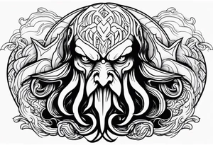Cthulhu face surrounded by storm clouds with white lightning tattoo idea
