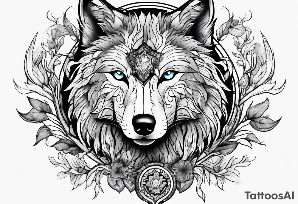 Sleeve sun tree wolf tattoo idea