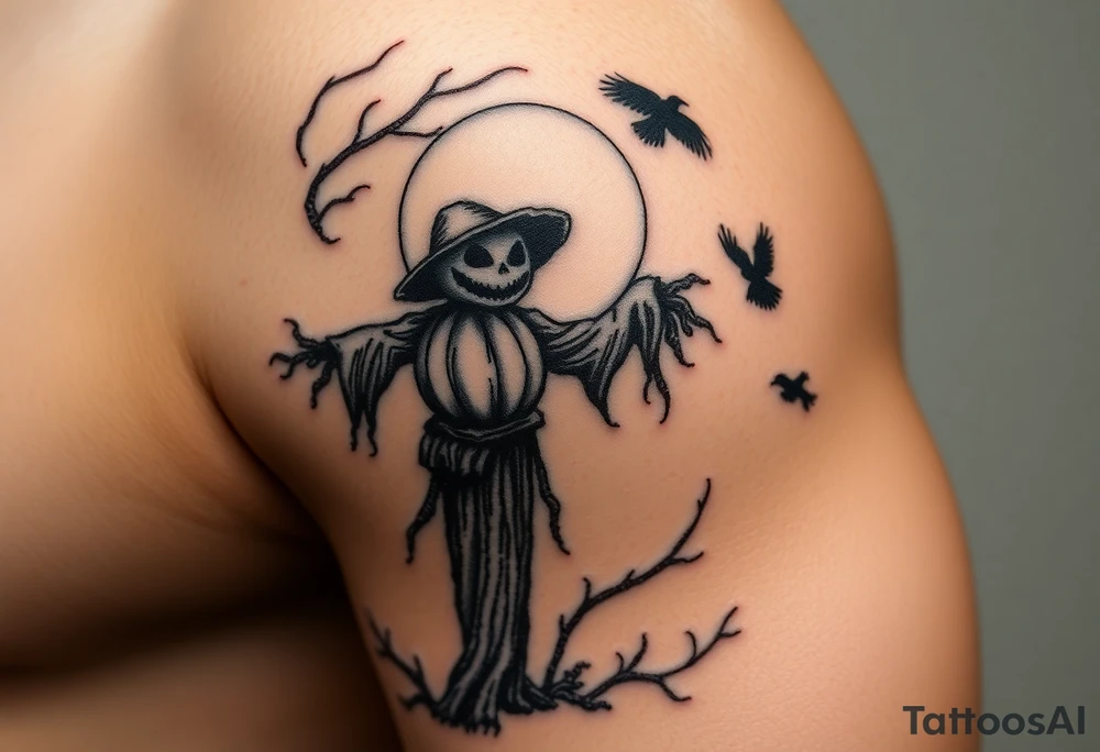 sentinel pumpkin scarecrow wicked tree with moonlight. crows flying. ornamental fade tattoo idea