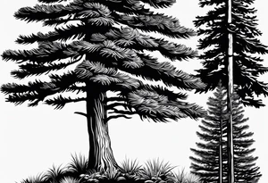 A single douglas fir tree with solid black background, make sure the tree is white tattoo idea