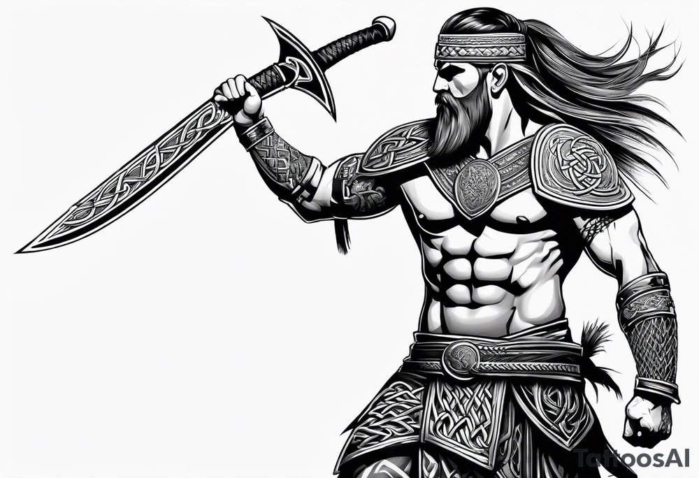 Full body side profile of Celtic warrior with weapons drawn tattoo idea