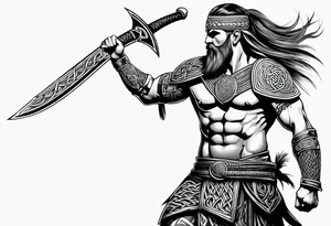 Full body side profile of Celtic warrior with weapons drawn tattoo idea