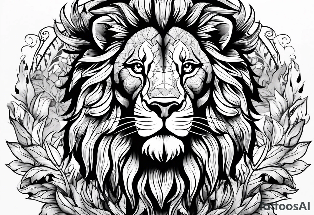 A lion surrounded by fire in full color tattoo idea
