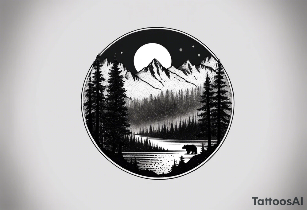 grizzly bear mountain forest tattoo idea