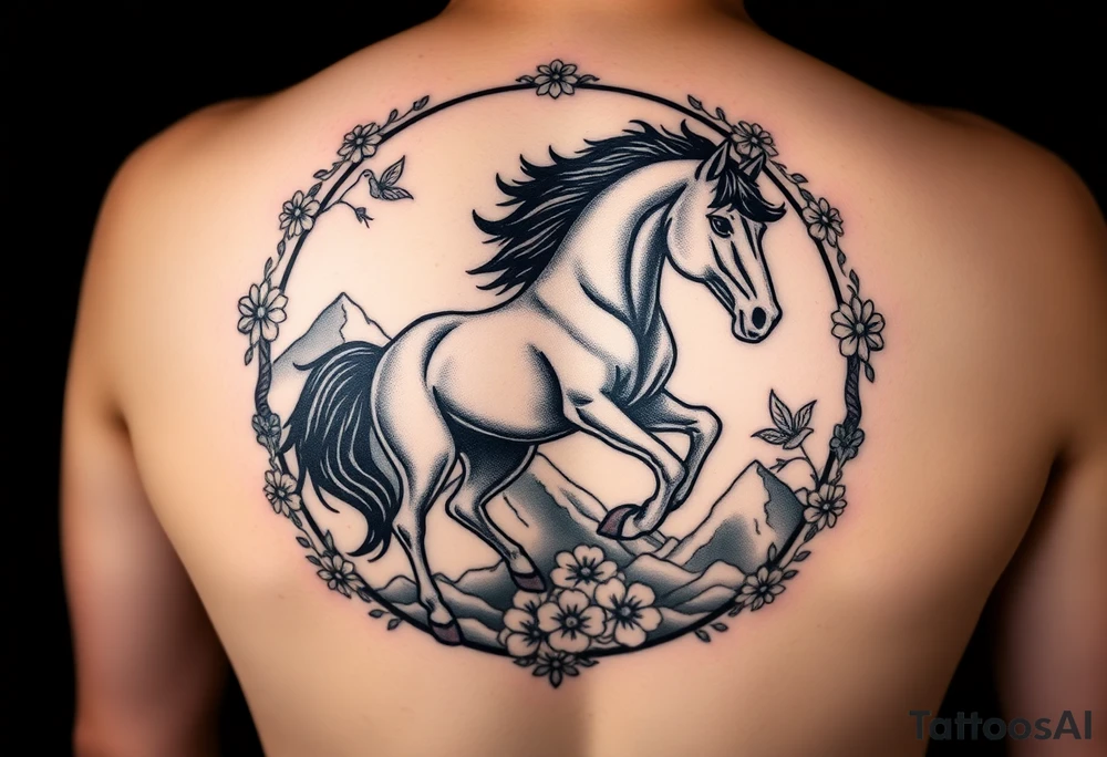 A golden mustang horse with black mane and legs, captured in motion inside a circle. The mountains and nature should frame the design, blending with the horse's black fur as a base to represent the landscape. Experiment with using the black fur to shape the mountains, playing with edges or interior details. floral ornaments and birds tattoo idea