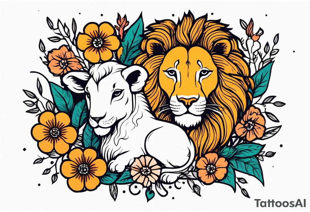 lion with lamb
vintage tattoo style old school traditional bold color simple with flowers surrounded tattoo idea
