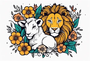 lion with lamb
vintage tattoo style old school traditional bold color simple with flowers surrounded tattoo idea