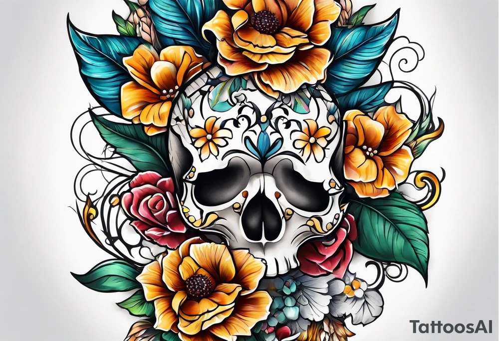 Floral leg piece with beading and lace tattoo idea