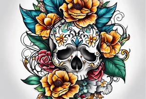Floral leg piece with beading and lace tattoo idea