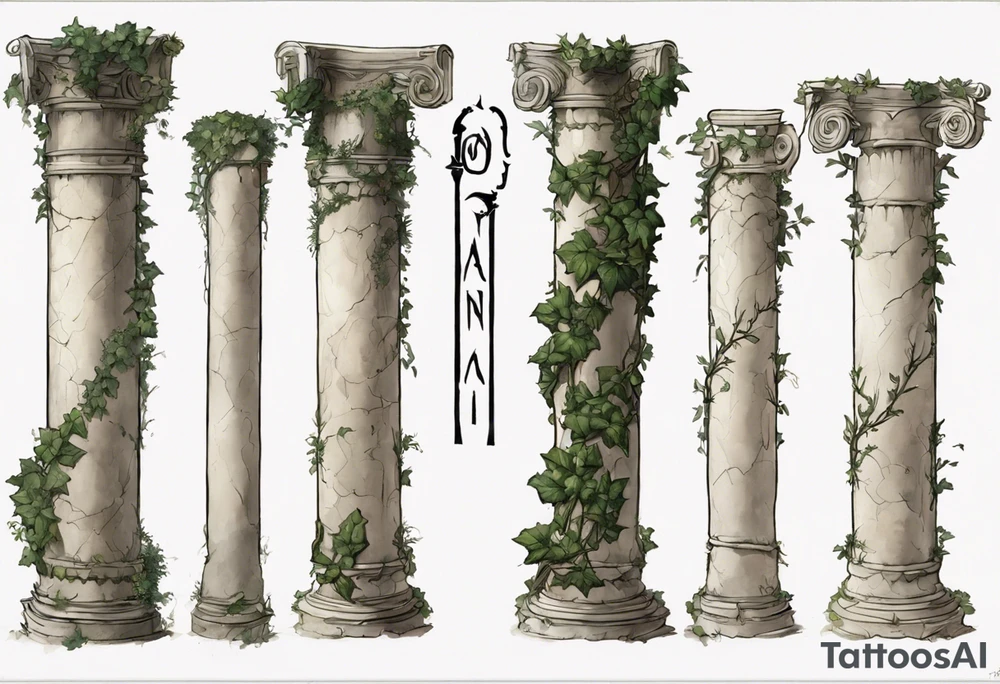 I want an ancient Roman pillar, with apparent cracks on it and a little bit of overgrown plants such as, but not limited to, ivy. The top part shows that it is an Ionian pillar and has the word "OMNIA" written on it. The tattoo has some shading as the pillar is turned very slightly, about 10 degrees, to the right. The top part of the pillar must have fallen off, and is slightly crumbled. tattoo idea