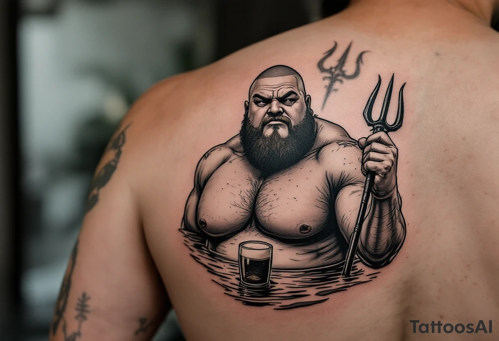 Gay fat guy, shaved, with trident, half way in calm water, with a beer tattoo idea