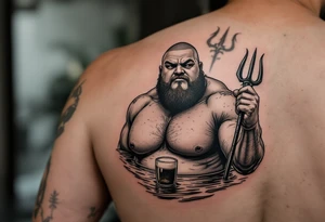 Gay fat guy, shaved, with trident, half way in calm water, with a beer tattoo idea