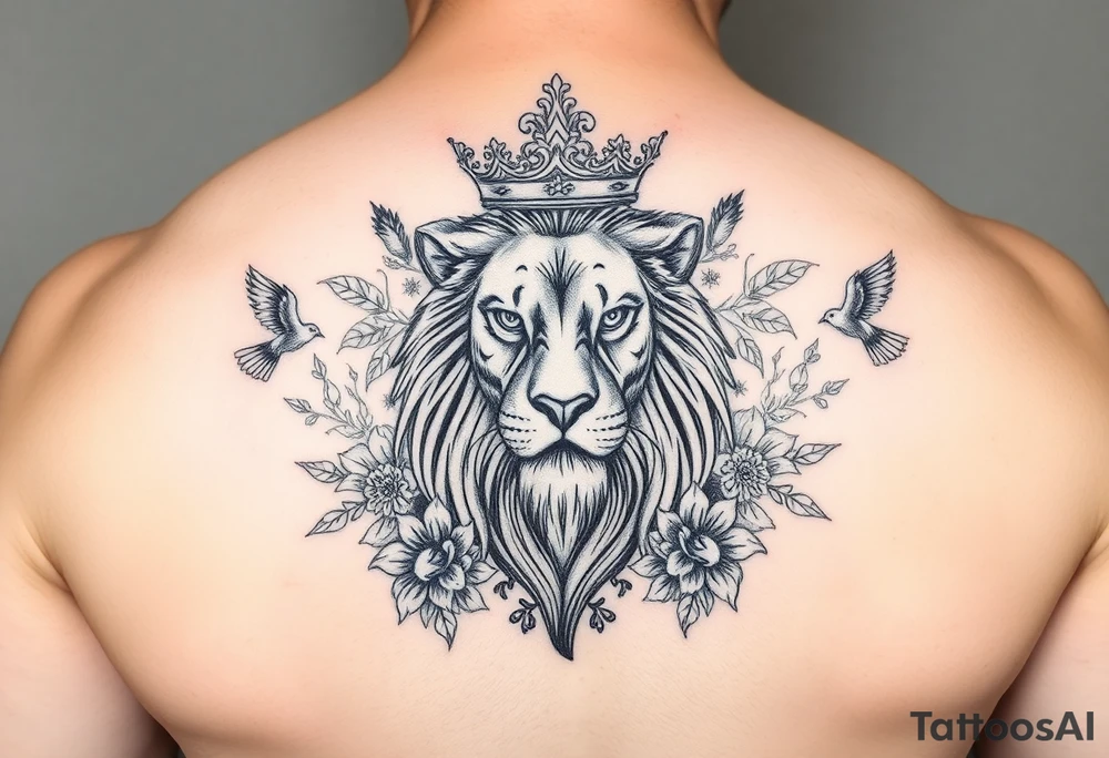 powerful majestic lion with a crown, surrounded by floral ornaments and birds tattoo idea