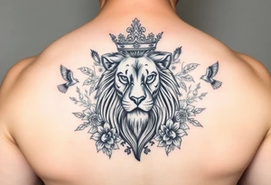 powerful majestic lion with a crown, surrounded by floral ornaments and birds tattoo idea