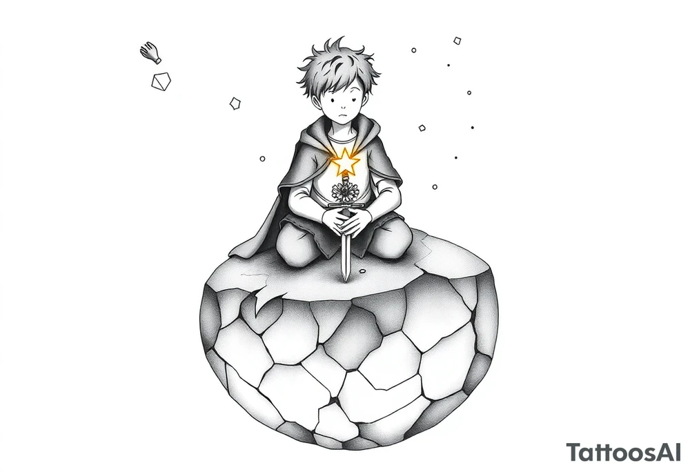 A reimagined masculine version of The Little Prince sitting on a cracked, floating planet. He has a calm,  wearing a slightly worn cloak. Behind him floats a broken clock with exposed gears, representing anxiety and overthinking. Instead of a rose, a flower wraps around a sword stuck into the ground—symbolizing love and emotional struggle. A glowing star burns in his chest, symbolizing inner strength and controlled passion. Around him are small floating fragments, like puzzle pieces or mechanical parts—representing deep thought and attention to detail. The sky shows incomplete constellations, symbolizing the search for connection and meaning. Style: fine line with surrealist touches, black and grey, minimalist shading. tattoo idea