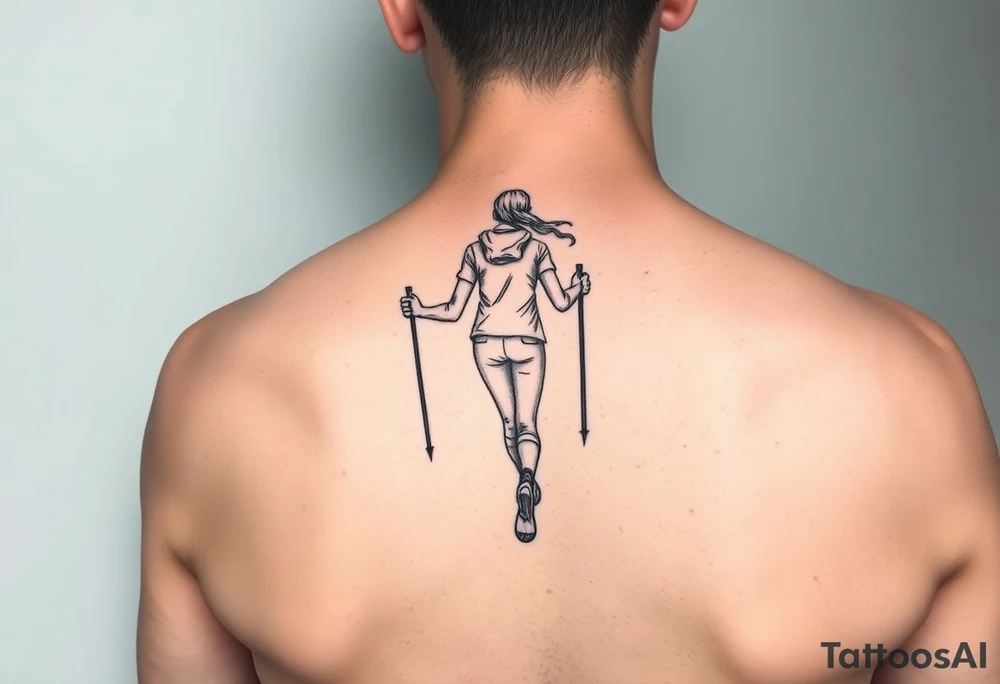 one fine line tattoo with a woman holding hiking poles and running 
(from behind) tattoo idea