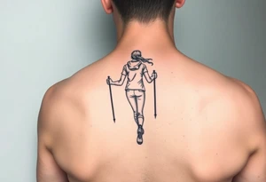 one fine line tattoo with a woman holding hiking poles and running 
(from behind) tattoo idea