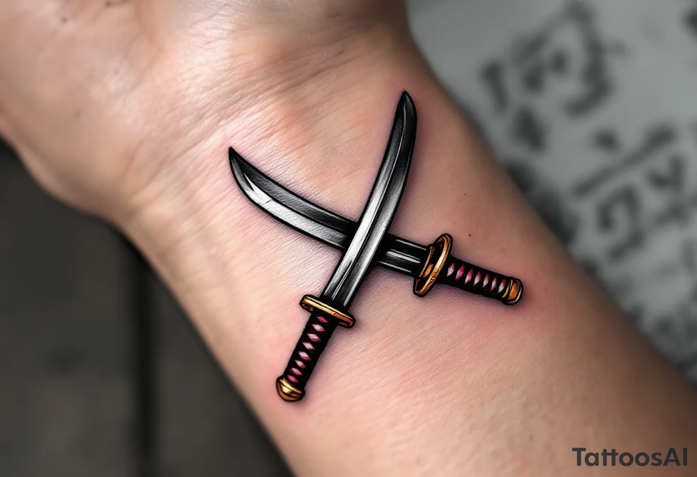 A pair of crossed katana swords with silver blades and black-and-red wrapped handles. tattoo idea