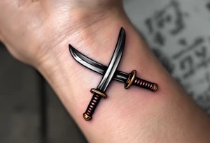 A pair of crossed katana swords with silver blades and black-and-red wrapped handles. tattoo idea