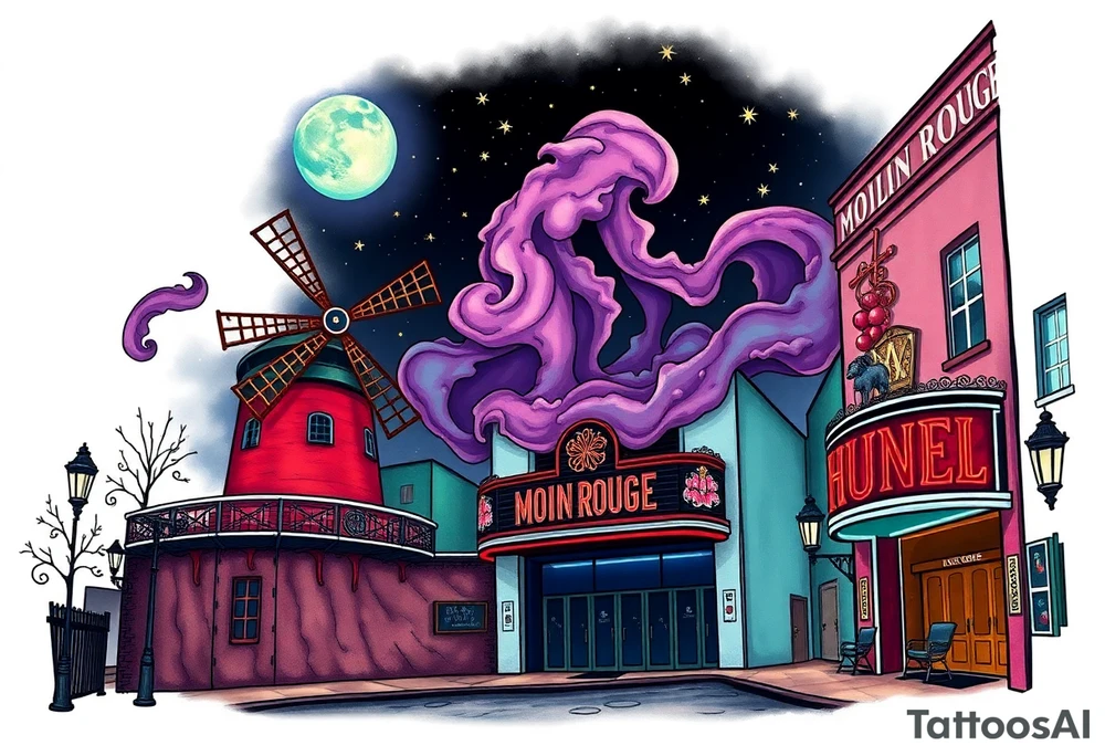 Tim Burton’s moulin Rouge from outside view is the street abandoned and dripping with muted reds, dusty pinks, and eerie green glow purple and cyan smokey clouds swirl and dance in the moonlit night sky filled with twinkling stars  tattoo idea tattoo idea