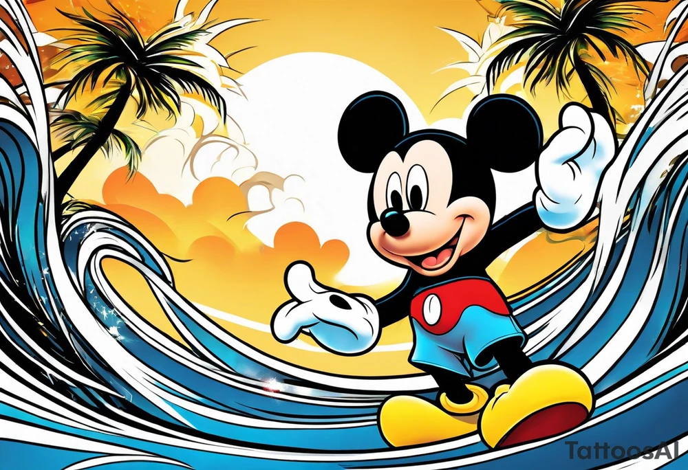 mickey mouse holding lightning with palm trees doing martial arts tattoo idea