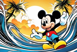 mickey mouse holding lightning with palm trees doing martial arts tattoo idea