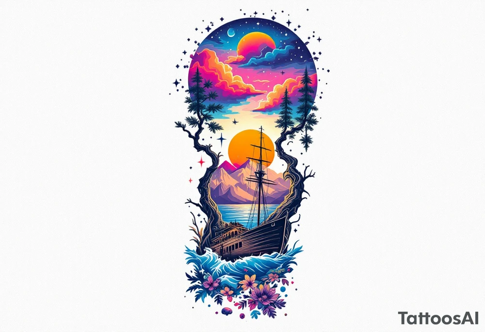 a forearm tattoo that has an acacia tree with mountains, ocean with a ship wreck tattoo idea
