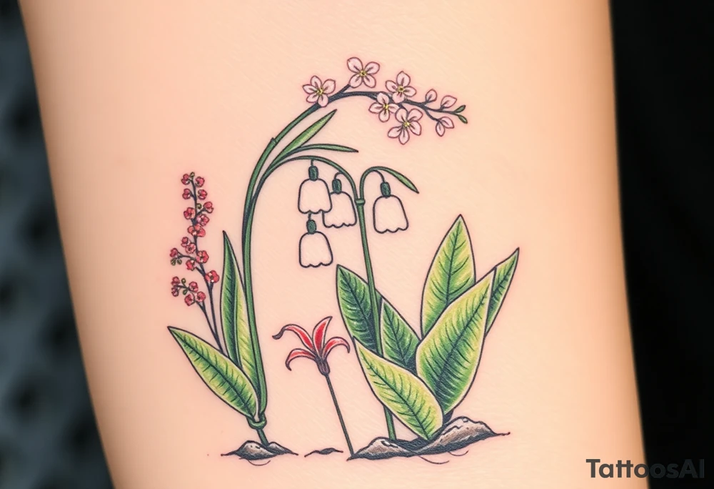 Small White lily in the valley bells growing next to other different colored lilie plants planted 
Under a blooming hawthorn tree tattoo idea