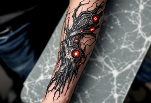 A biomechanical forearm sleeve with blackened steel tendons and pulsing red LED-like highlights under semi-transparent skin. tattoo idea