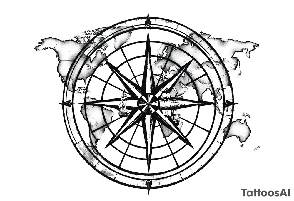 antique compass rose overlaid on weathered world map with sailing ships tattoo idea