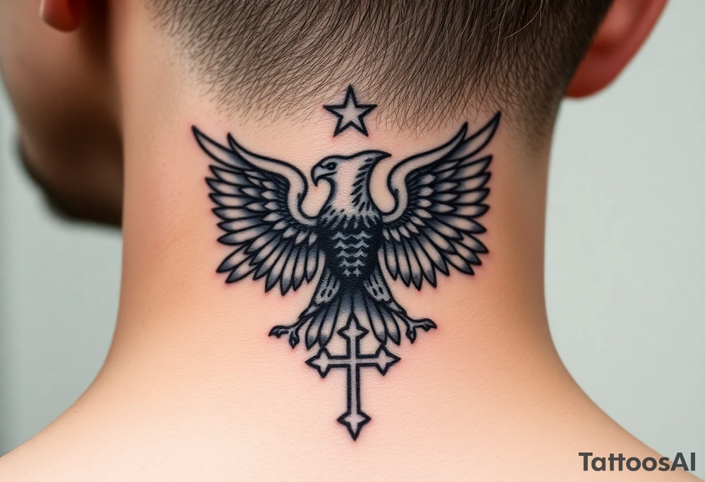 Double-headed eagle outline only (no shading) — suits neck skin which ages differently
Star above, small orthodox cross below tattoo idea