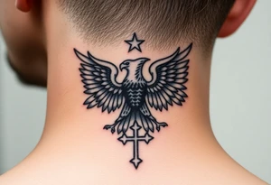 Double-headed eagle outline only (no shading) — suits neck skin which ages differently
Star above, small orthodox cross below tattoo idea