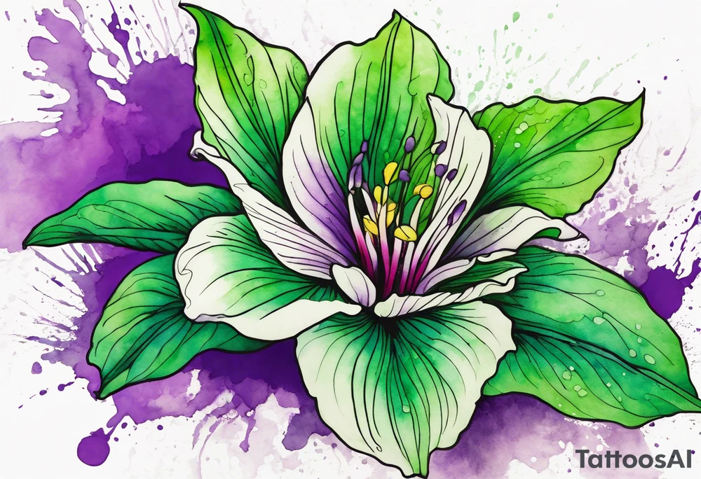 An outline of an only green rio dipladenia flower and a green and purple watercolor splash in the background tattoo idea
