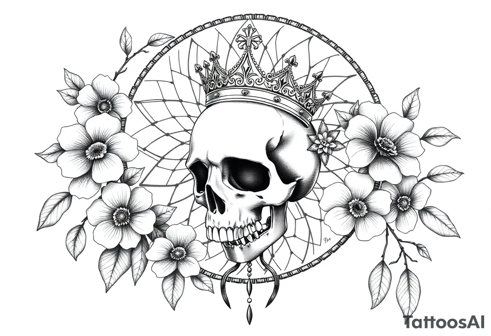 Mandala dream catcher with detailed beautiful gothic boho flowers on vine and skull with gorgeous crown tattoo idea