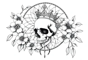 Mandala dream catcher with detailed beautiful gothic boho flowers on vine and skull with gorgeous crown tattoo idea