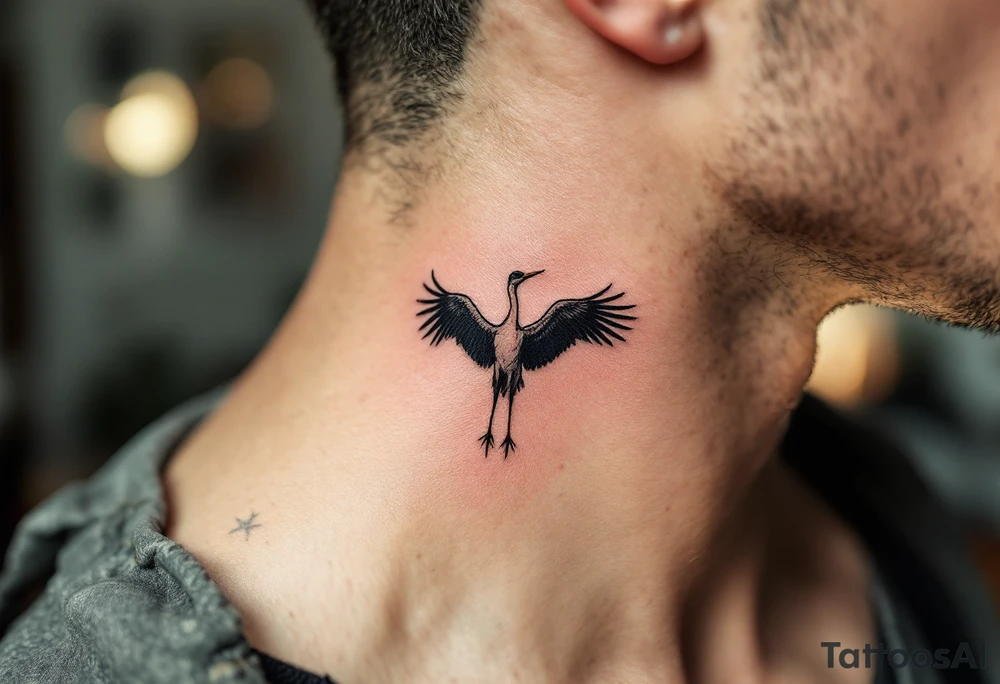 Stork silhouette flying above "Karolína – 9.9.2019 v 14:10", inked in subtle muted tones. tattoo idea
