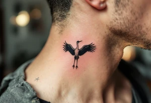 Stork silhouette flying above "Karolína – 9.9.2019 v 14:10", inked in subtle muted tones. tattoo idea