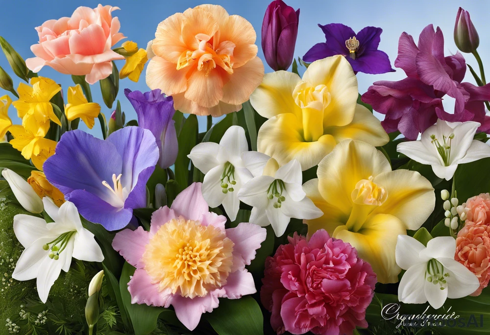 Humingbird in the shape of Carnation, Snowdrop, Violet, Primrose, Daffodil, jonquil, Lily of the Valley, Hawthorne, Rose, Honeysuckle, Larkspur, Water Lily, Gladiolus & Poppie, Aster, Morning Glory, Chrysanthemum,  Peony, Holly, Narcissus tattoo idea