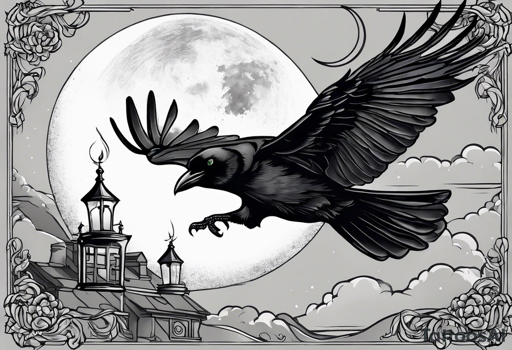 Crow with a candle mid flight with the crescent moon in the background tattoo idea