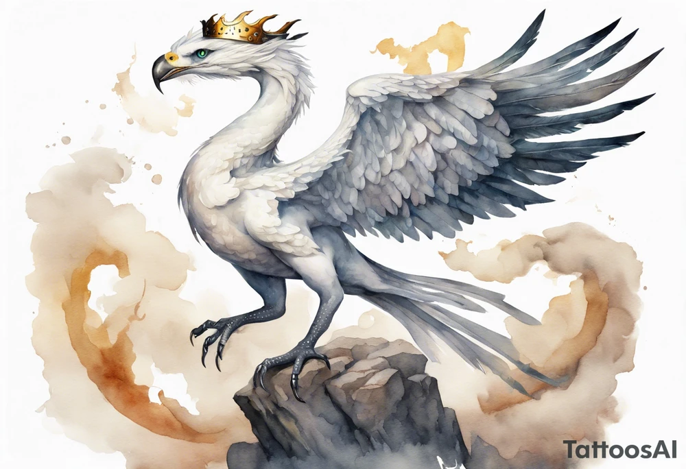 a watercolor of a white bird-serpent hybrid wearing an iron crown, flying in the sky tattoo idea