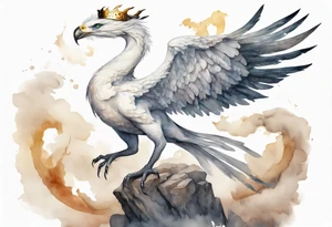 a watercolor of a white bird-serpent hybrid wearing an iron crown, flying in the sky tattoo idea