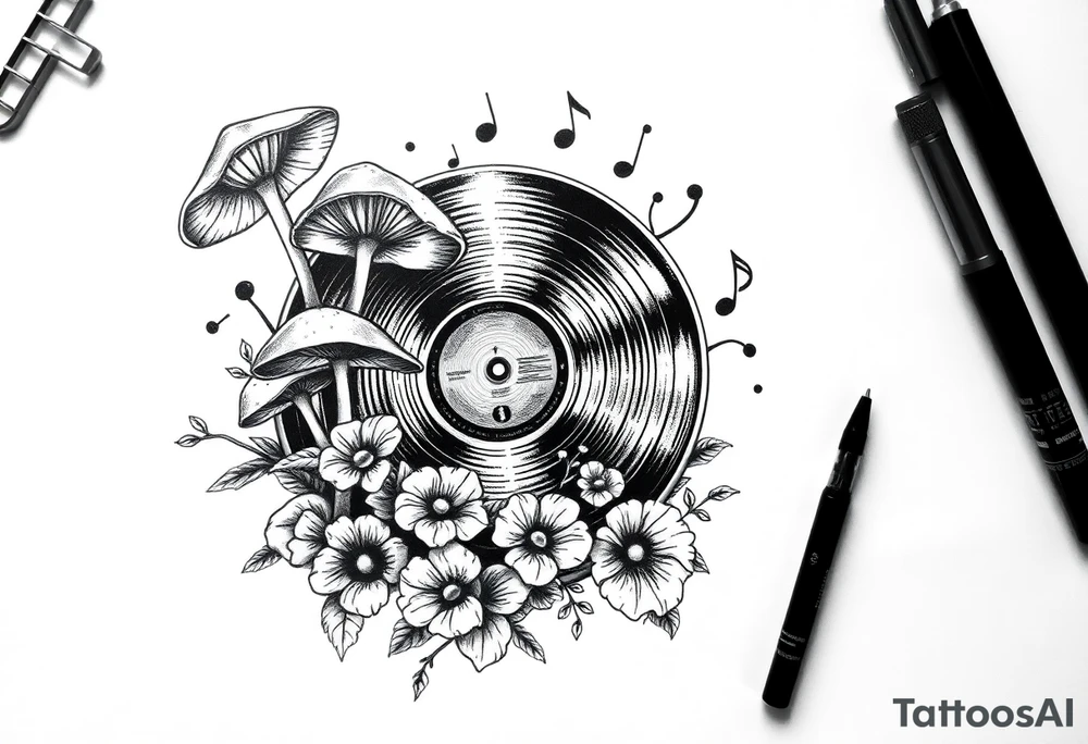 modern vinyl record player with mushrooms, flowers, and music notes around it tattoo idea