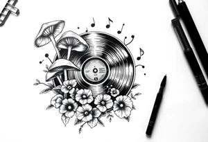 modern vinyl record player with mushrooms, flowers, and music notes around it tattoo idea