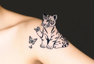 Tiger cub sitting down with paw up and on the paw is sitting a butterfly and there’s two butterflies on each side tattoo idea