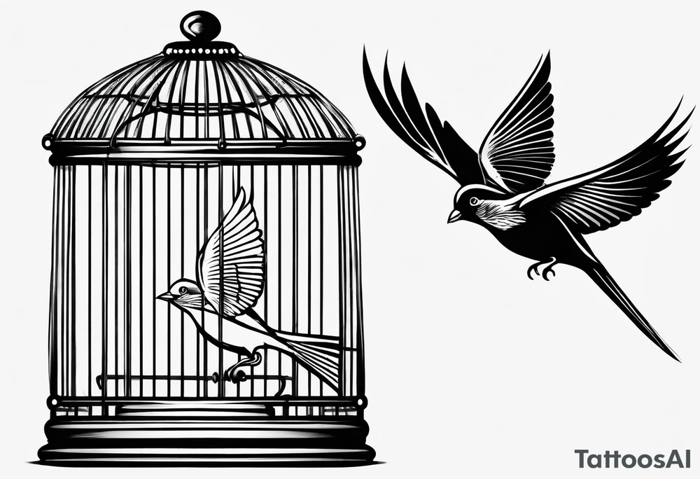 A simple open bird cage with a bird flying out tattoo idea