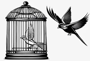 A simple open bird cage with a bird flying out tattoo idea