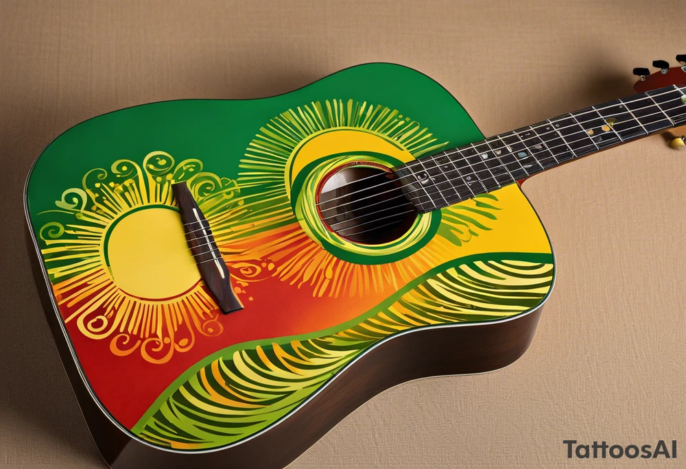 A reggae-inspired acoustic guitar with swirling lines of music notes and stars. Within the swirls, subtle shapes of a tall figure, a short figure, and a rooftop emerge—almost like hidden elements.
Add an abstract sun or moon to represent the tropical vibe of Curaçao evenings.
Use reggae colors (green, yellow, red) sparingly for accents. tattoo idea