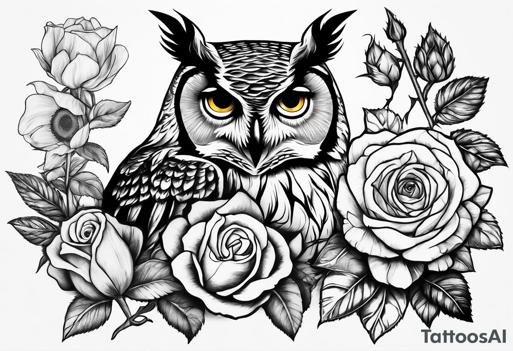 Sunflower and rose flower, owl tattoo idea