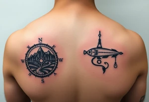 Matching compass for husband and wife. One will be a compass with a mountain, river, tent. The S of the compass replaced with a fishing lure tattoo idea