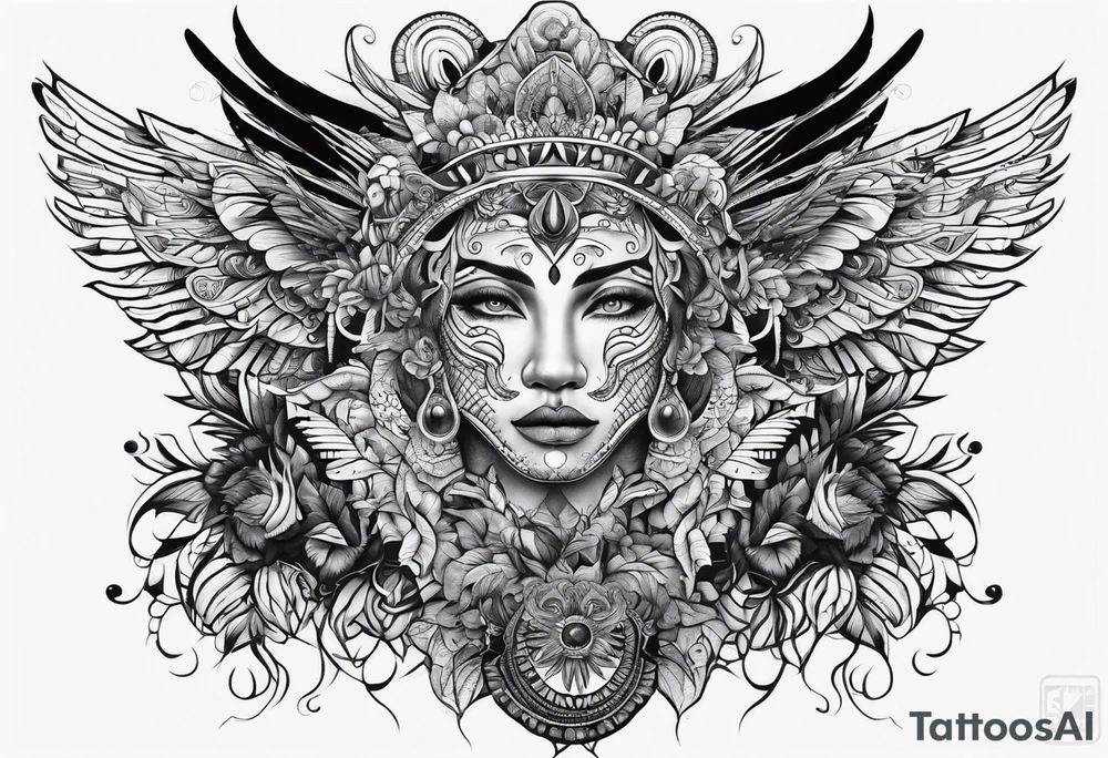 Men's chest tatto with two psychedelic entities facing each other tattoo idea